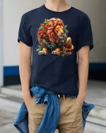 Floral Lion T-Shirt Majestic Jungle King Art Tee - model wearing navy tee with hands in pockets
