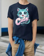 Cute But Not Soft Cat T-Shirt Funny Attitude Tee - model wearing navy tee with hands in pockets