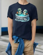 Cute Turtle Friends T-Shirt Adorable Sea Turtle Tee - model wearing navy tee with hands in pockets