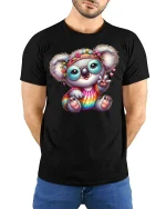Hippie Koala T-Shirt Cute Rainbow Peace Sign Tee - model wearing black tee with hands behind back
