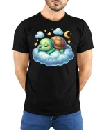 Sleeping Turtle T-Shirt Cute Dreamy Cloud Design - model wearing black tee with hands behind back