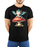 Cute Baby Dragon T-Shirt Fantasy Mushroom Art Tee - model wearing black tee with hands behind back