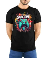 Game Time T-Shirt for Gamers Funny Gaming Controller - model wearing black tee with hands behind back