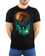 Colorful Lion T-Shirt Bold Sun and Moon Fantasy Art - model wearing black tee with hands behind back