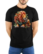 Floral Lion T-Shirt Majestic Jungle King Art Tee - model wearing black tee with hands behind back