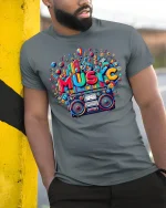 Retro Music T-Shirt Colorful Boombox Graphic Tee - model wearing grey tee, leaning on column
