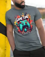 Game Time T-Shirt for Gamers Funny Gaming Controller - model wearing grey tee, leaning on column