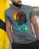 Colorful Lion T-Shirt Bold Sun and Moon Fantasy Art - model wearing grey tee, leaning on column