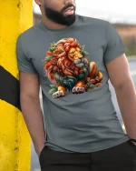 Floral Lion T-Shirt Majestic Jungle King Art Tee - model wearing grey tee, leaning on column