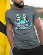 Cute Turtle Friends T-Shirt Adorable Sea Turtle Tee - model wearing grey tee, leaning on column