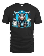 Cute Hippo Traveler T-Shirt Adventure Time Design - black t-shirt on white background
