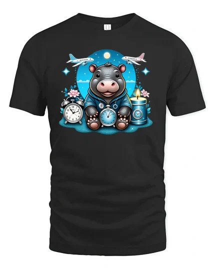 Cute Hippo Traveler T-Shirt Adventure Time Design - black t-shirt on white background