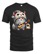 Cute Cat Gnome T-Shirt Funny Guitar Playing Kitty Tee - black t-shirt on white background