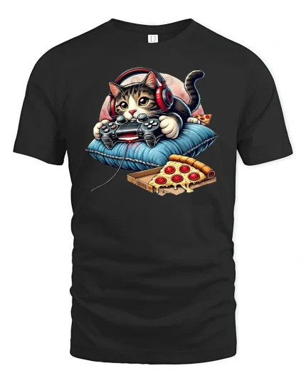 Gamer Cat T-Shirt Funny Pizza and Controller Design - black t-shirt on white background