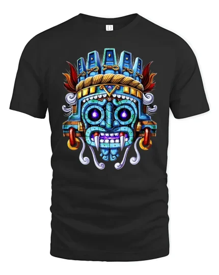Aztec Warrior Mask T-Shirt Tribal Ancient Art Tee - black t-shirt on white background