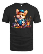 Cute Corgi Painter T-Shirt Funny Artist Dog Design - black t-shirt on white background