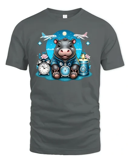 Cute Hippo Traveler T-Shirt Adventure Time Design - gray t-shirt on white background