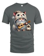 Cute Cat Gnome T-Shirt Funny Guitar Playing Kitty Tee - gray t-shirt on white background