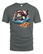 Gamer Cat T-Shirt Funny Pizza and Controller Design - gray t-shirt on white background