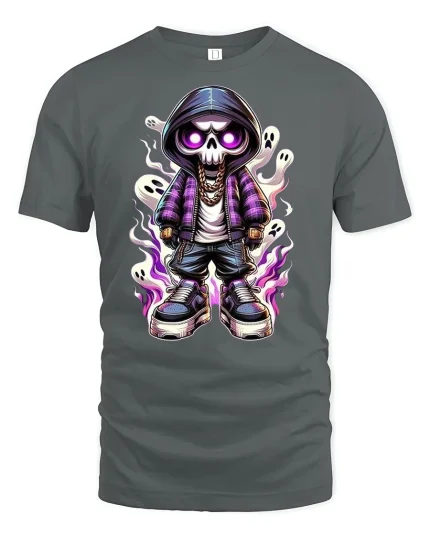 Cool Skeleton T-Shirt Streetwear Ghost Flame Design - gray t-shirt on white background