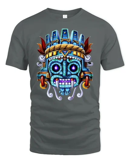 Aztec Warrior Mask T-Shirt Tribal Ancient Art Tee - gray t-shirt on white background