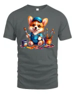 Cute Corgi Painter T-Shirt Funny Artist Dog Design - gray t-shirt on white background