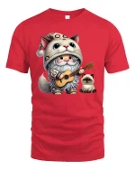 Cute Cat Gnome T-Shirt Funny Guitar Playing Kitty Tee - red t-shirt on white background