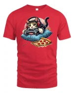 Gamer Cat T-Shirt Funny Pizza and Controller Design - red t-shirt on white background