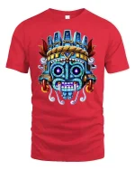 Aztec Warrior Mask T-Shirt Tribal Ancient Art Tee - red t-shirt on white background