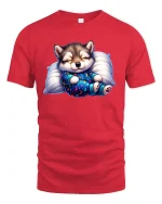 Cute Sleeping Puppy T-Shirt Cozy Dream Night Design - red t-shirt on white background