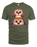 Funny Owl Duo T-Shirt Cute Cartoon Bird Lovers Tee - military green t-shirt on white background
