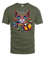 Funny Money Cat T-Shirt Cool Colorful Rich Kitty Tee - military green t-shirt on white background