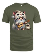 Cute Cat Gnome T-Shirt Funny Guitar Playing Kitty Tee - military green t-shirt on white background