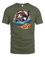 Gamer Cat T-Shirt Funny Pizza and Controller Design - military green t-shirt on white background