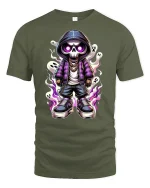 Cool Skeleton T-Shirt Streetwear Ghost Flame Design - military green t-shirt on white background