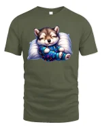 Cute Sleeping Puppy T-Shirt Cozy Dream Night Design - military green t-shirt on white background