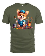 Cute Corgi Painter T-Shirt Funny Artist Dog Design - military green t-shirt on white background