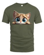 Cute Big Eye Cat T-Shirt Adorable Kitty Lover Tee - military green t-shirt on white background