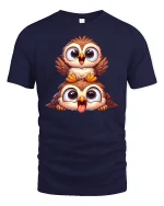 Funny Owl Duo T-Shirt Cute Cartoon Bird Lovers Tee - navy t-shirt on white background
