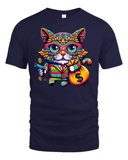 Funny Money Cat T-Shirt Cool Colorful Rich Kitty Tee - navy t-shirt on white background