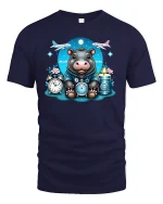 Cute Hippo Traveler T-Shirt Adventure Time Design - navy t-shirt on white background