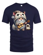 Cute Cat Gnome T-Shirt Funny Guitar Playing Kitty Tee - navy t-shirt on white background