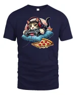 Gamer Cat T-Shirt Funny Pizza and Controller Design - navy t-shirt on white background