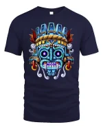 Aztec Warrior Mask T-Shirt Tribal Ancient Art Tee - navy t-shirt on white background