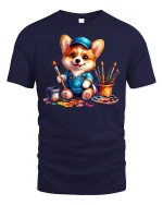 Cute Corgi Painter T-Shirt Funny Artist Dog Design - navy t-shirt on white background