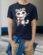 Funny Surgeon Cat T-Shirt Cute Medical Kitty Design - model wearing navy tee with hands in pockets