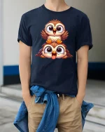 Funny Owl Duo T-Shirt Cute Cartoon Bird Lovers Tee - model wearing navy tee with hands in pockets