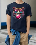 Cool Galaxy Bear T-Shirt Funny Bubblegum Graphic Tee - model wearing navy tee with hands in pockets