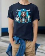 Cute Hippo Traveler T-Shirt Adventure Time Design - model wearing navy tee with hands in pockets