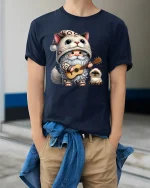 Cute Cat Gnome T-Shirt Funny Guitar Playing Kitty Tee - model wearing navy tee with hands in pockets